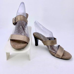 AEROSOLES 10 ROTER SKATE METALLIC TAUPE LEATHER 3-IN. DOUBLE STRAP SLIP-ON HEELS